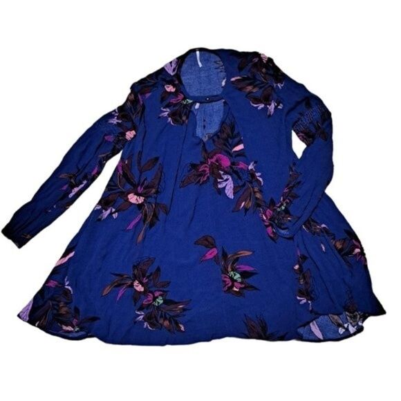 Free People Dress Women XS Tree Swing Blue Tunic Floral Keyhole Boho Long Sleeve - Picture 7 of 9